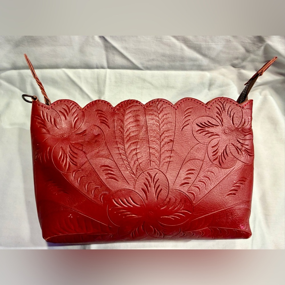 Leander in Leather Floral Embossed Dark Red Clutch